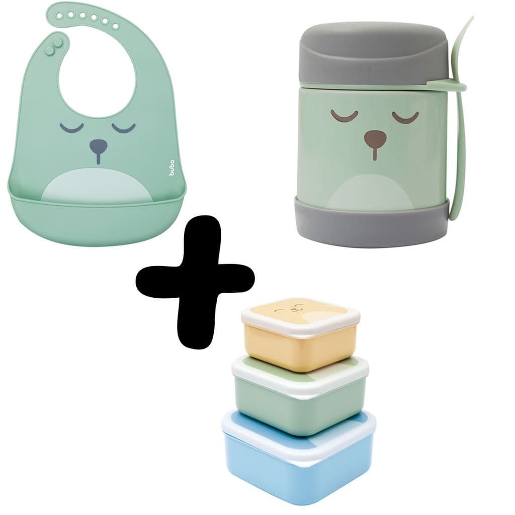 Kit Refeicao Pote Termico Pote de Papinha Babador Silicone Pega Migalhas Gumy Verde Buba