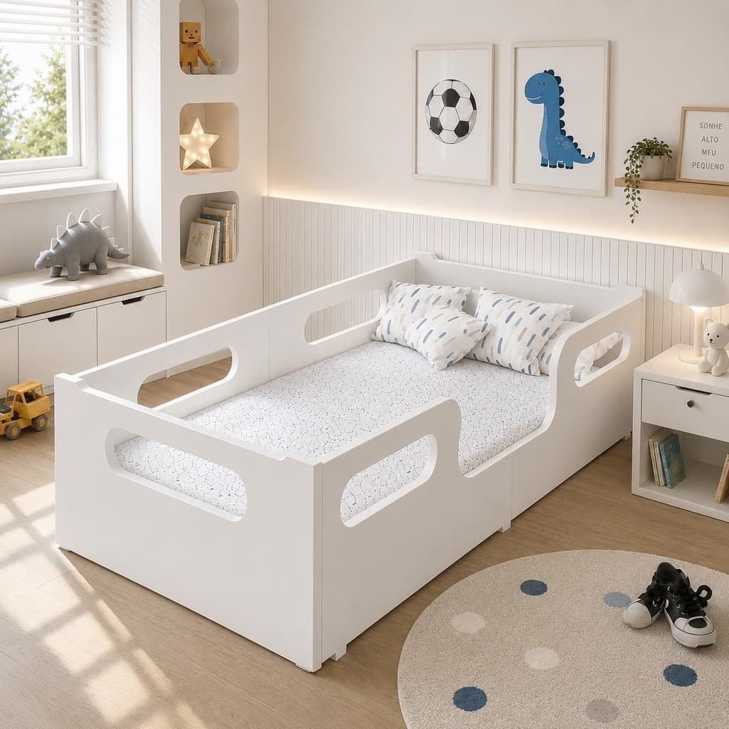 Cama Infantil Encanto Montessoriana Compacta Com Colchão Menino Menina Branca Em MDF