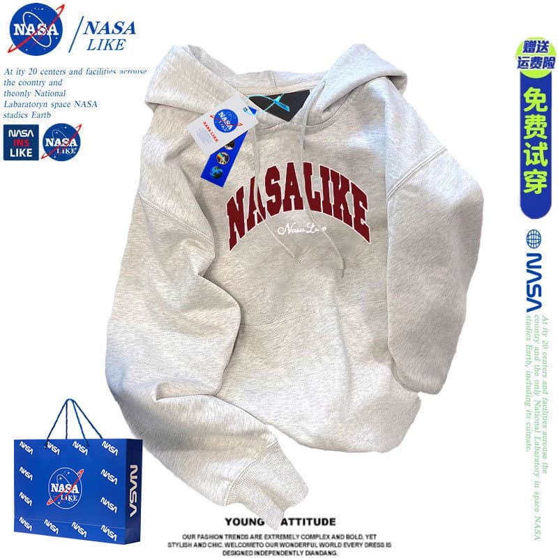 NASA cinza pesado moletom masculino feminino com capuz americano Retro Street Wear outono inverno forro de lã jaqueta de