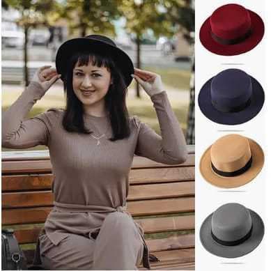 Chapéu Feltro Estilo Boater Palheta Com Faixa Preta Unissex Regulável Aba 7cm  AF-4