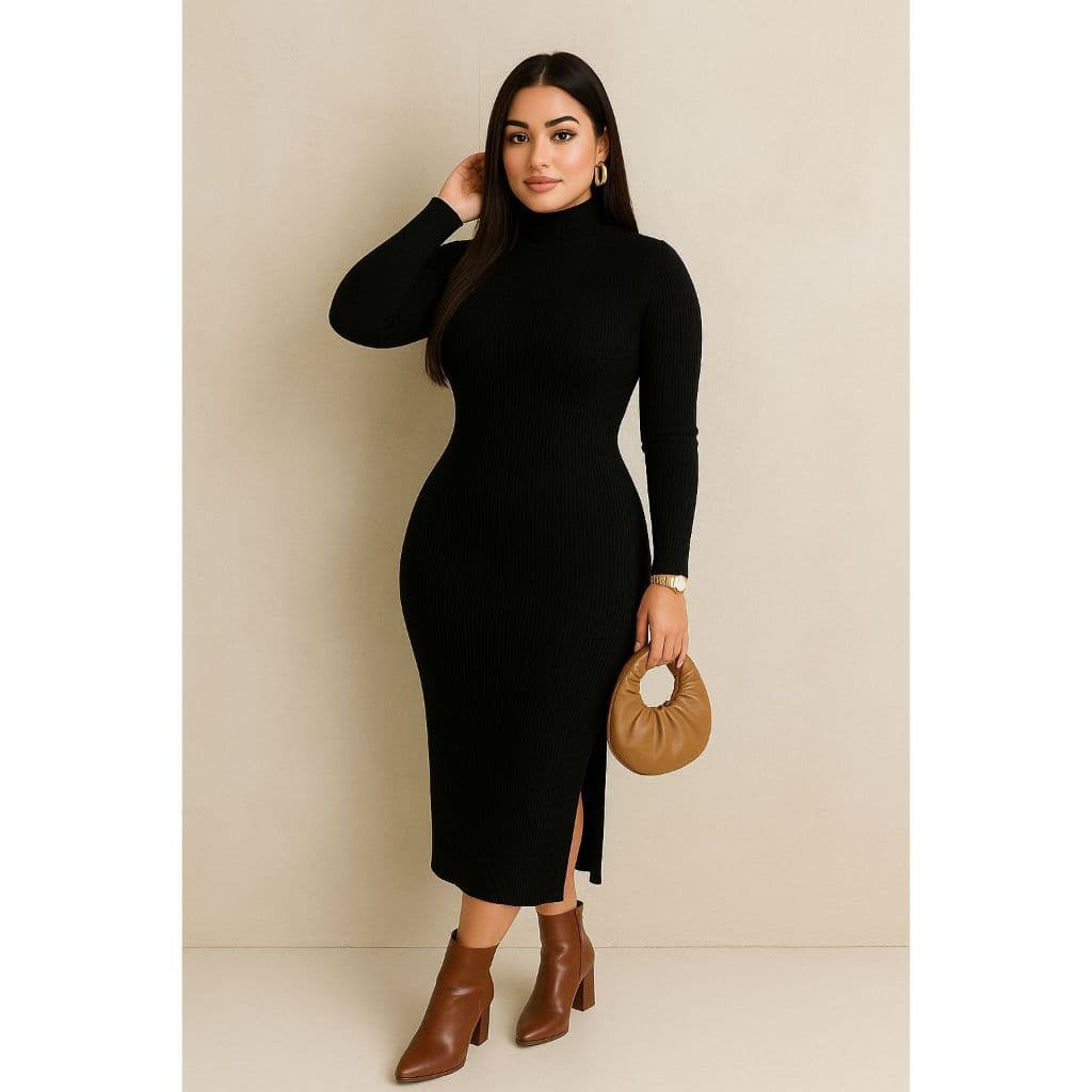 Vestido Feminino Manga Longa Midi Gola Alta Fenda Lateral Elegante Premium P ao GG