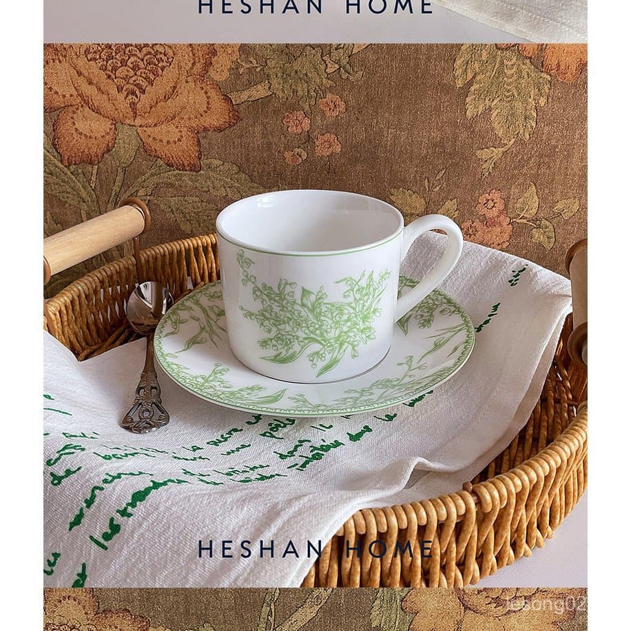 Louça de cerâmica com estampa de lírio-do-vale verde em estilo coreano, caneca de cerâmica vintage com estampa floral fr