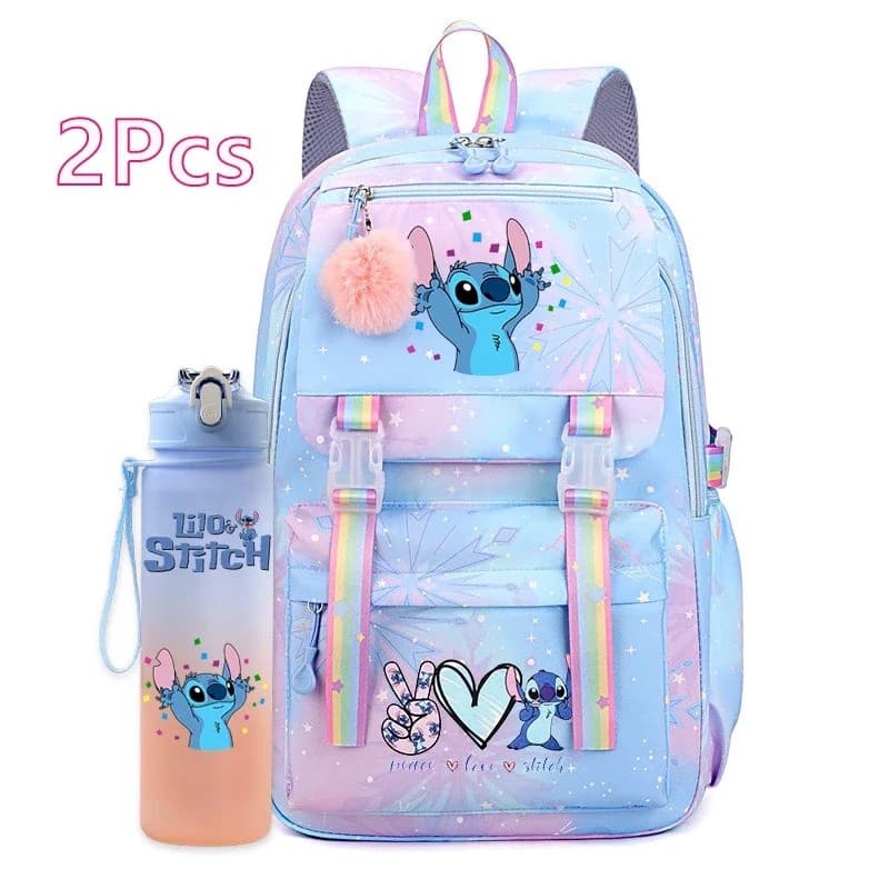 Conjunto de 2 Peças: Mochila Lilo Stitch e Garrafa de Água para Meninas Adolescentes, Estudantes, Mochila Escolar, Capac