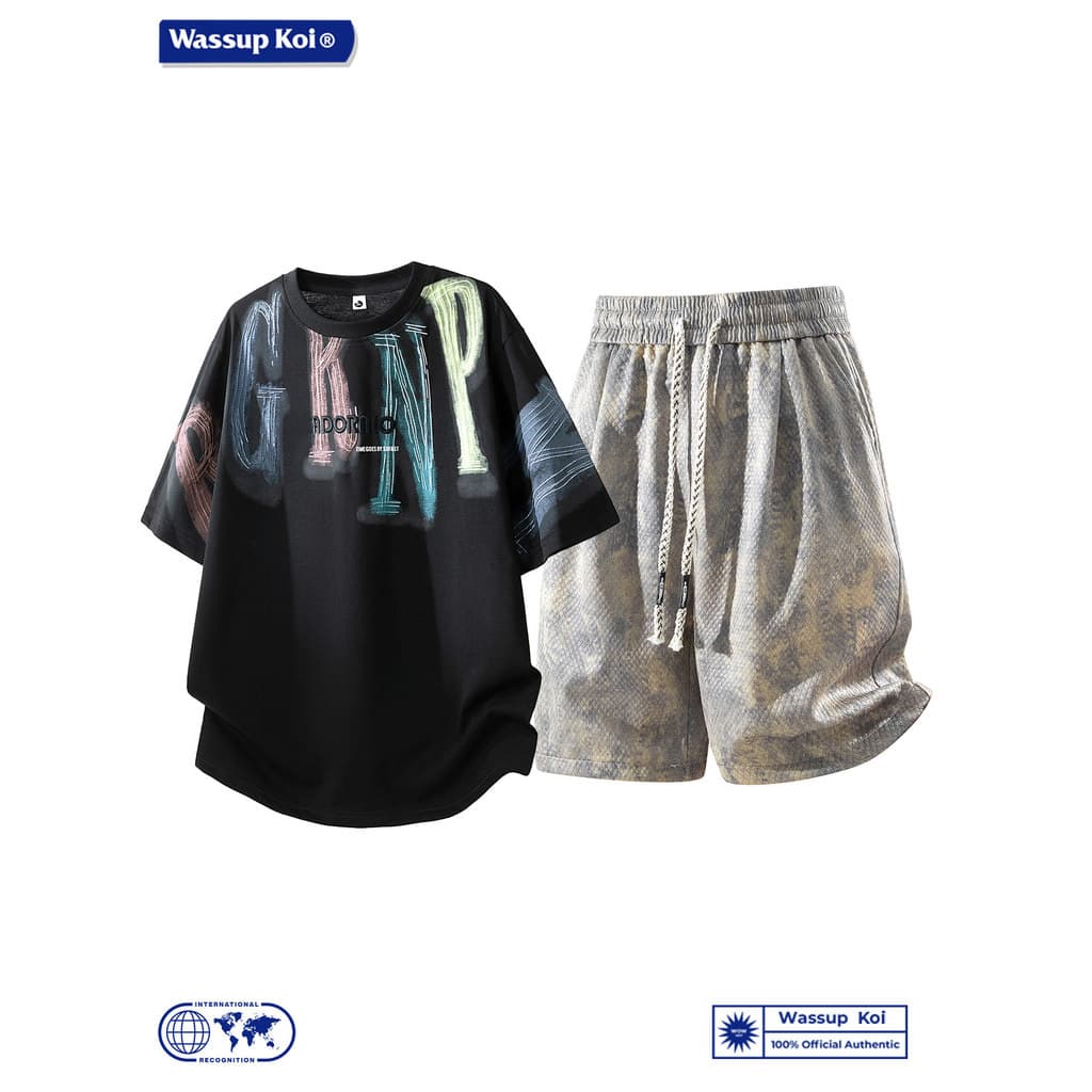WASSUP KOI Co-Branded Ice Silk Shorts de manga curta Terno Graffiti Camiseta Verão Carta Impressão Esportes de duas peça