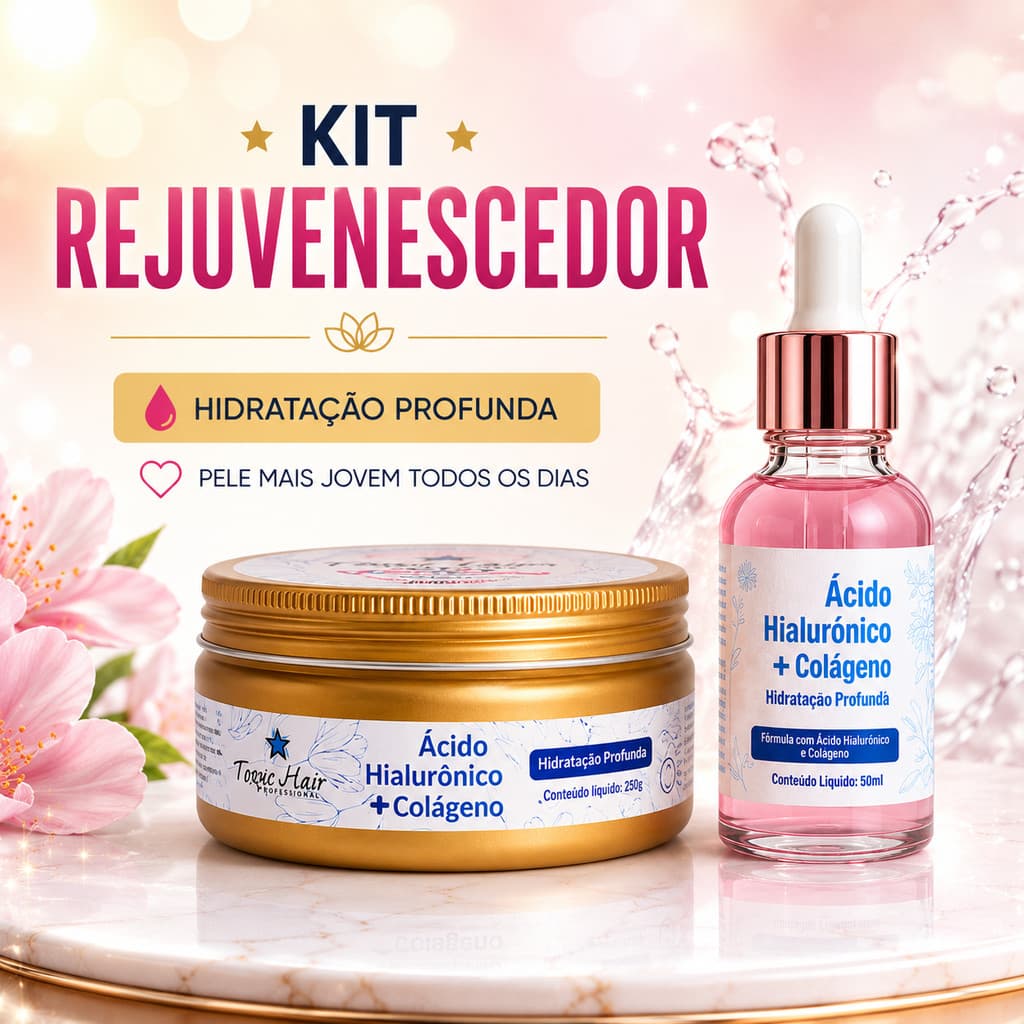 Kit Creme de Ácido Hialurônico com Colágeno + Serum Rejuvenesce e Firma a Pele Anti Idade