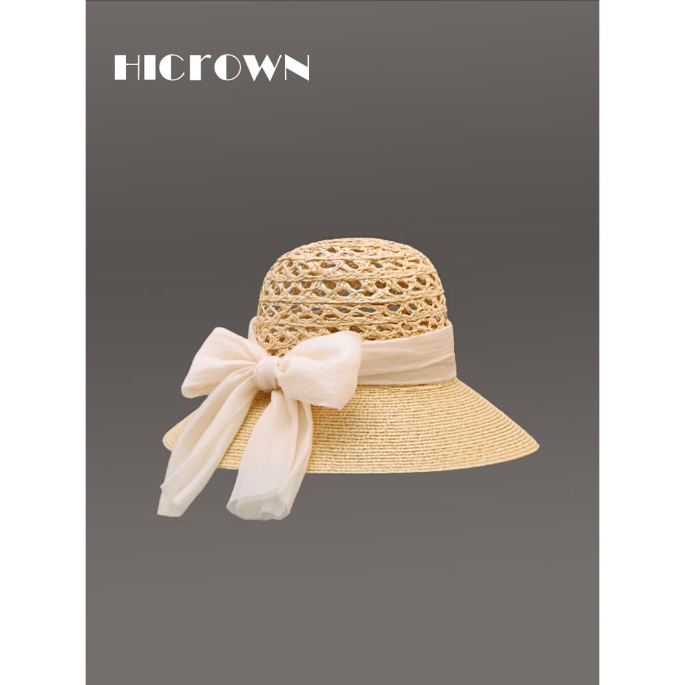 Francês elegante guarda-sol balde chapéu oco ráfia palha chapéu Bowknot verão feminino viagem beira-mar pára-sol chapéu