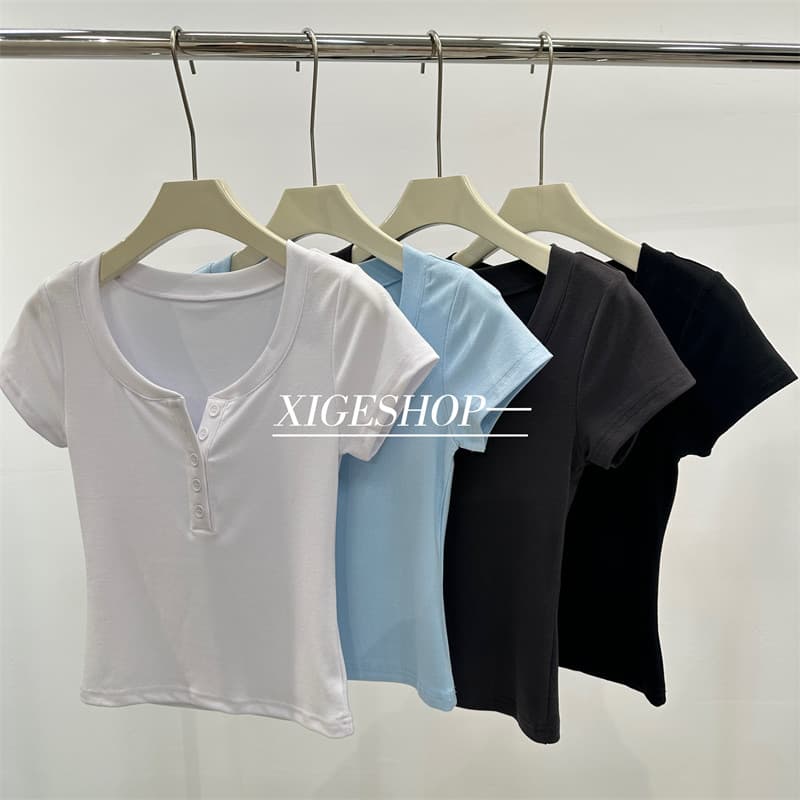 Americano doce picante curto fino-ajuste camiseta feminina Retro magro puro desejo meia palma abotoado baixo em torno do