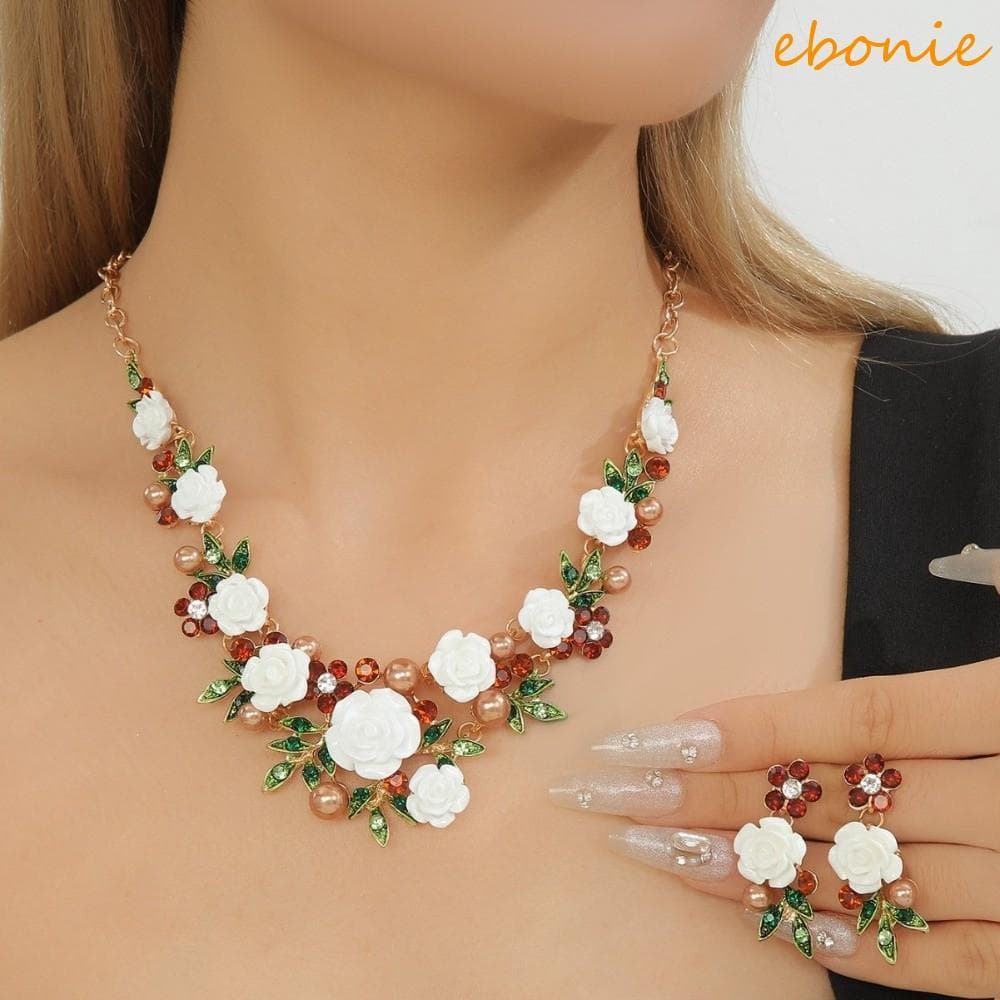 EBONIE 1 Conjunto De Brincos De Colar , Joias De Cristal De Flores Multicoloridas Esmaltadas Elegante Noiva