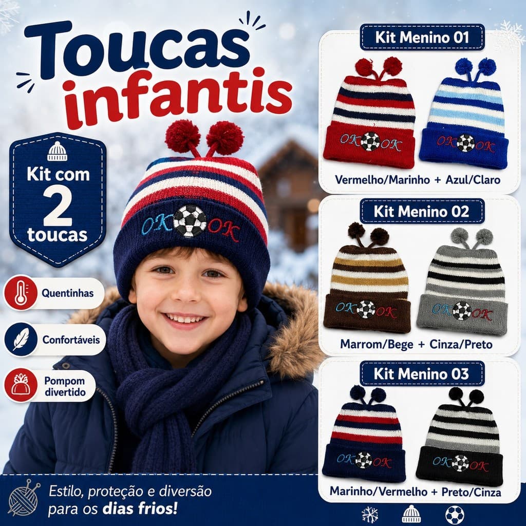 Kit 2 Toucas de Tricô para Bebê com Pompom Anteninha | Touca Infantil Quentinha e Macia