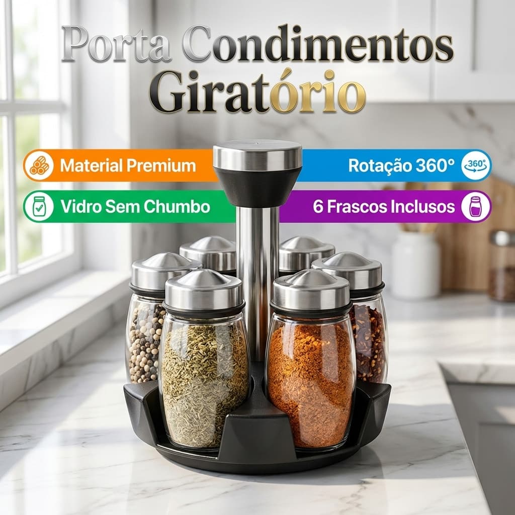 Porta-temperos de cozinha premium, giratório, com capacidade para 6 potes de vidro e aço inoxidável.