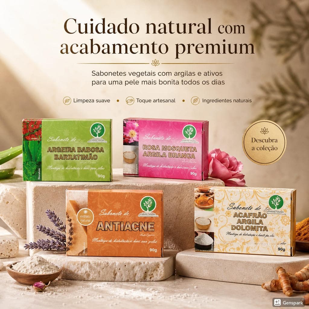 Kit 4 Sabonetes Naturais Bionature 90g | Argila, Rosa Mosqueta, Babosa e Antiacne