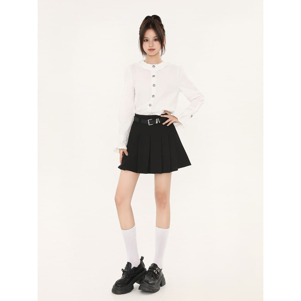 Vfvk preto versão coreana terno de cintura alta saia plissada feminina 2026 verão novo estilo estilo Preppy a linha saia