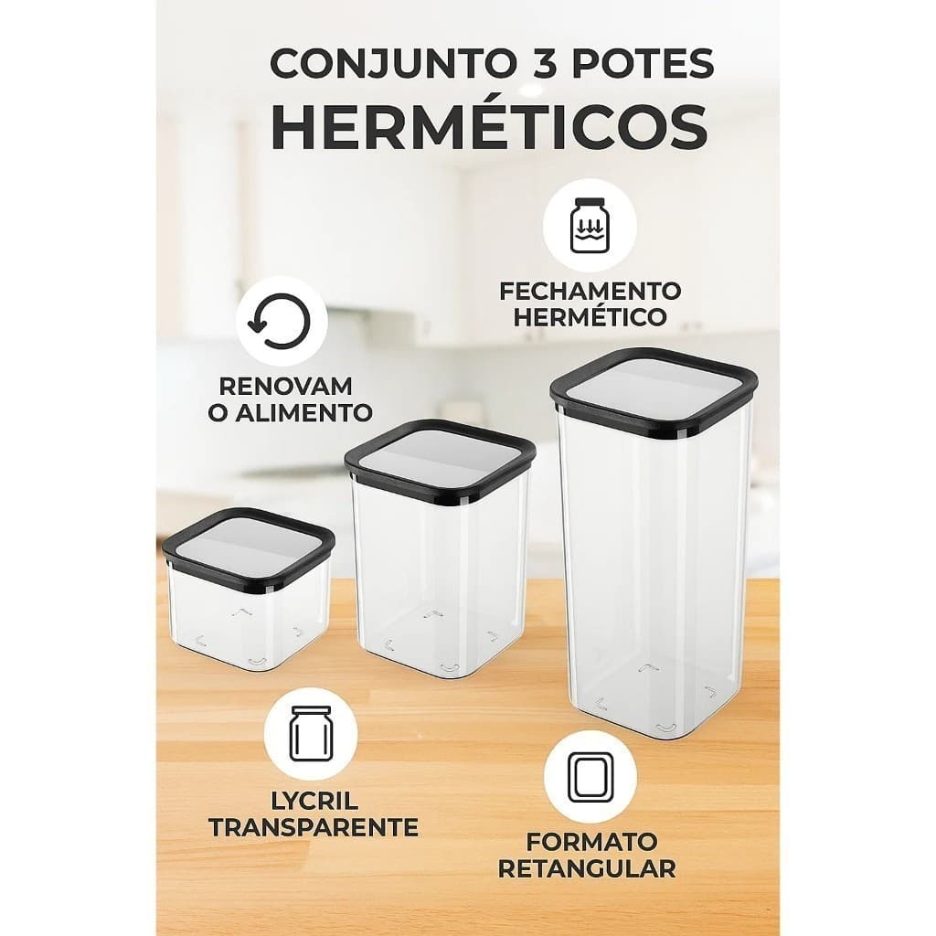 Conjunto 3 Potes Herméticos Plástico Vedação Mantimentos Alimentos Cozinha Armário Geladeira