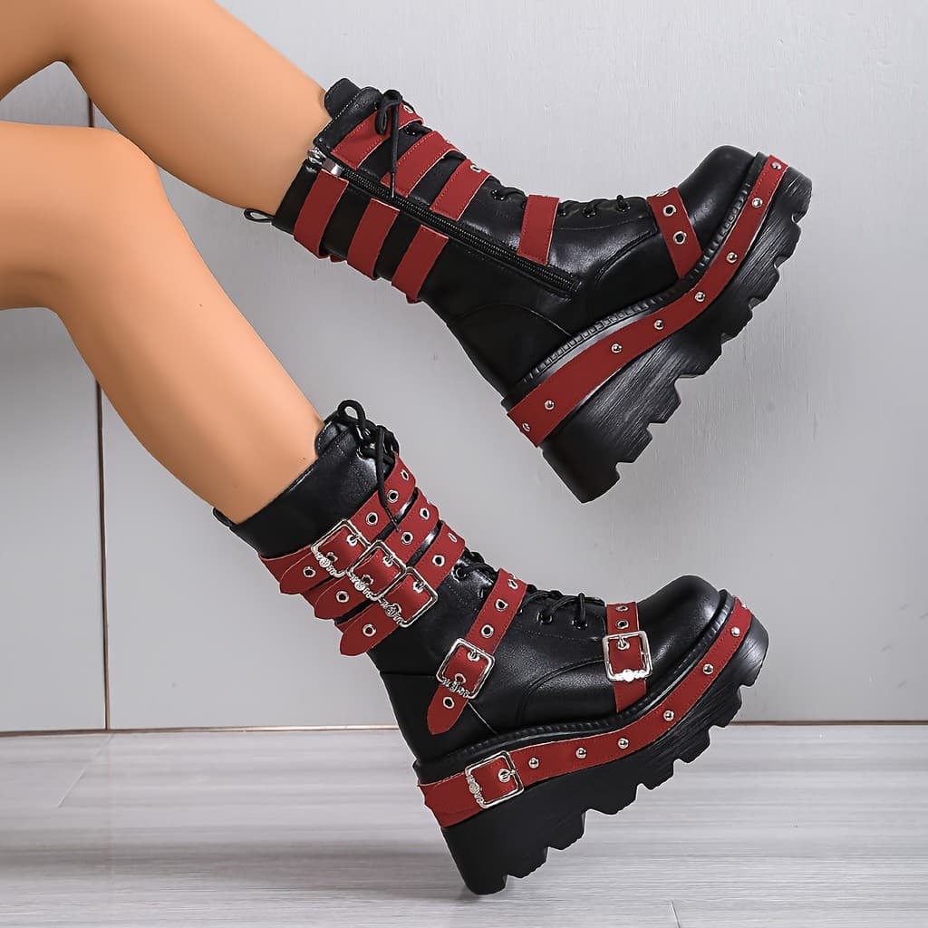 Botas Femininas Góticas Punk de Plataforma com Correntes de Metal Ajustáveis, Fivela, Sola Grossa, Cano Médio, Forradas,