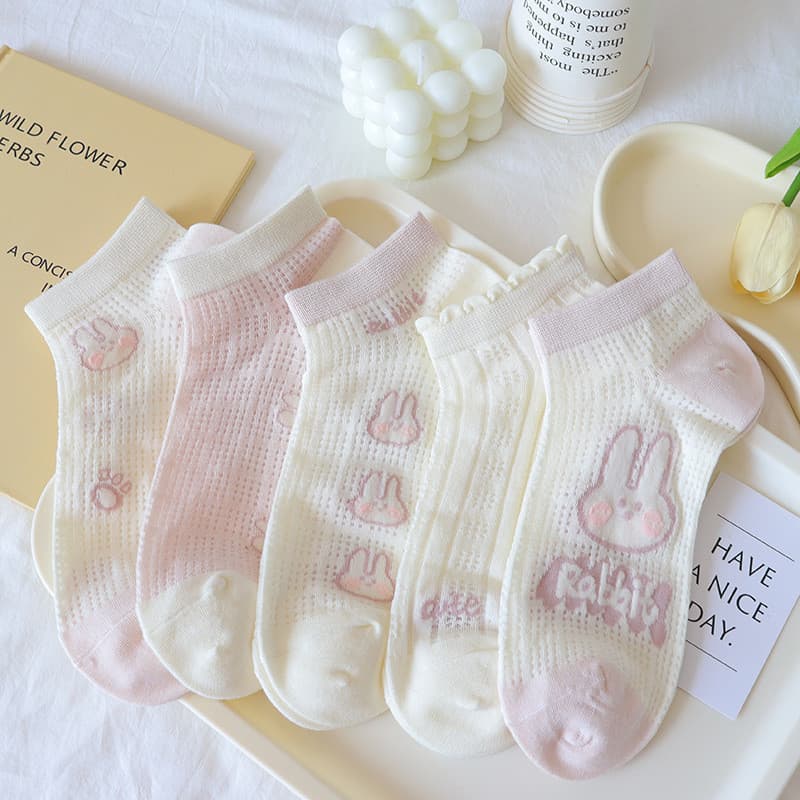 Meias Finas de Verão para Meninas, Meias de Algodão Puro Respirável com Malha Ultra-Fina e Estampa de Coelhinho, Meias B