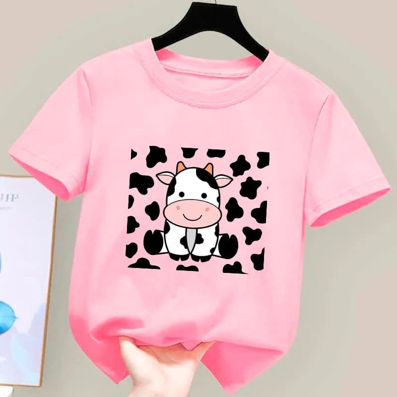 Camiseta De Algodão Infantil Feminina Estampada Vaquinha Fofa Tendencia