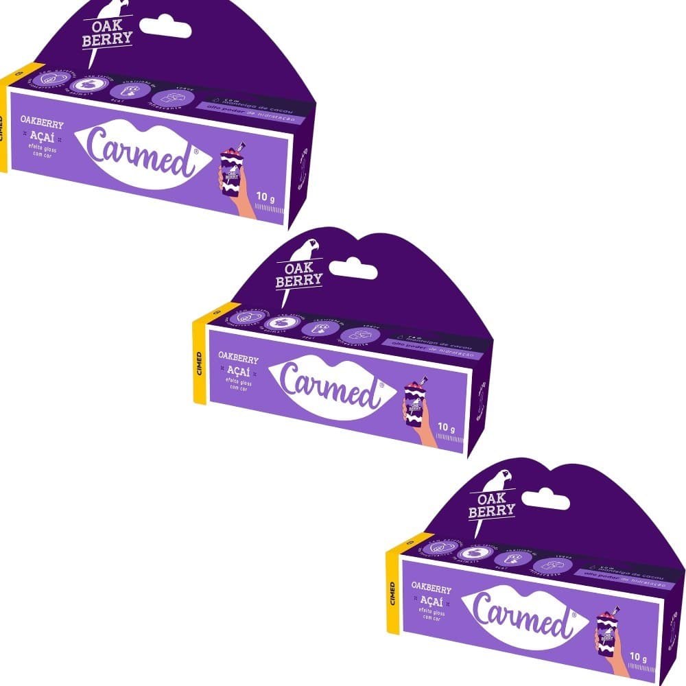 Kit 3 Carmed Oakberry Açaí Hidratante Labial com cor 10g