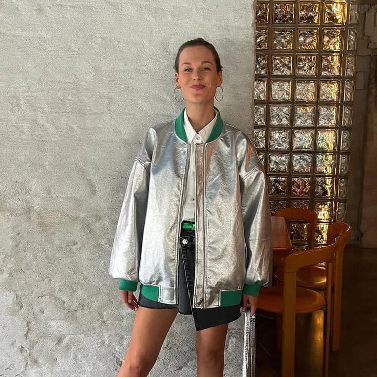 Jaquetas de Couro PU Prateadas Suninheart para Mulheres, Jaqueta de Inverno com Gola Alta e Manga Longa, Estilo Streetwe