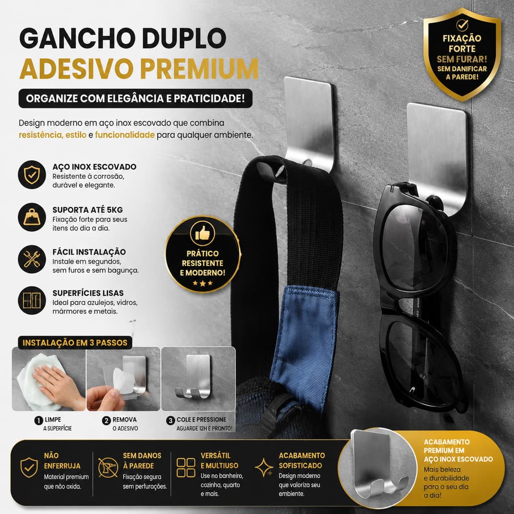 Gancho de Parede Aço Inox Multiuso Sem Perfuração Suporte para Lâminas, Utensílios de Cozinha e Acessórios de Banheiro