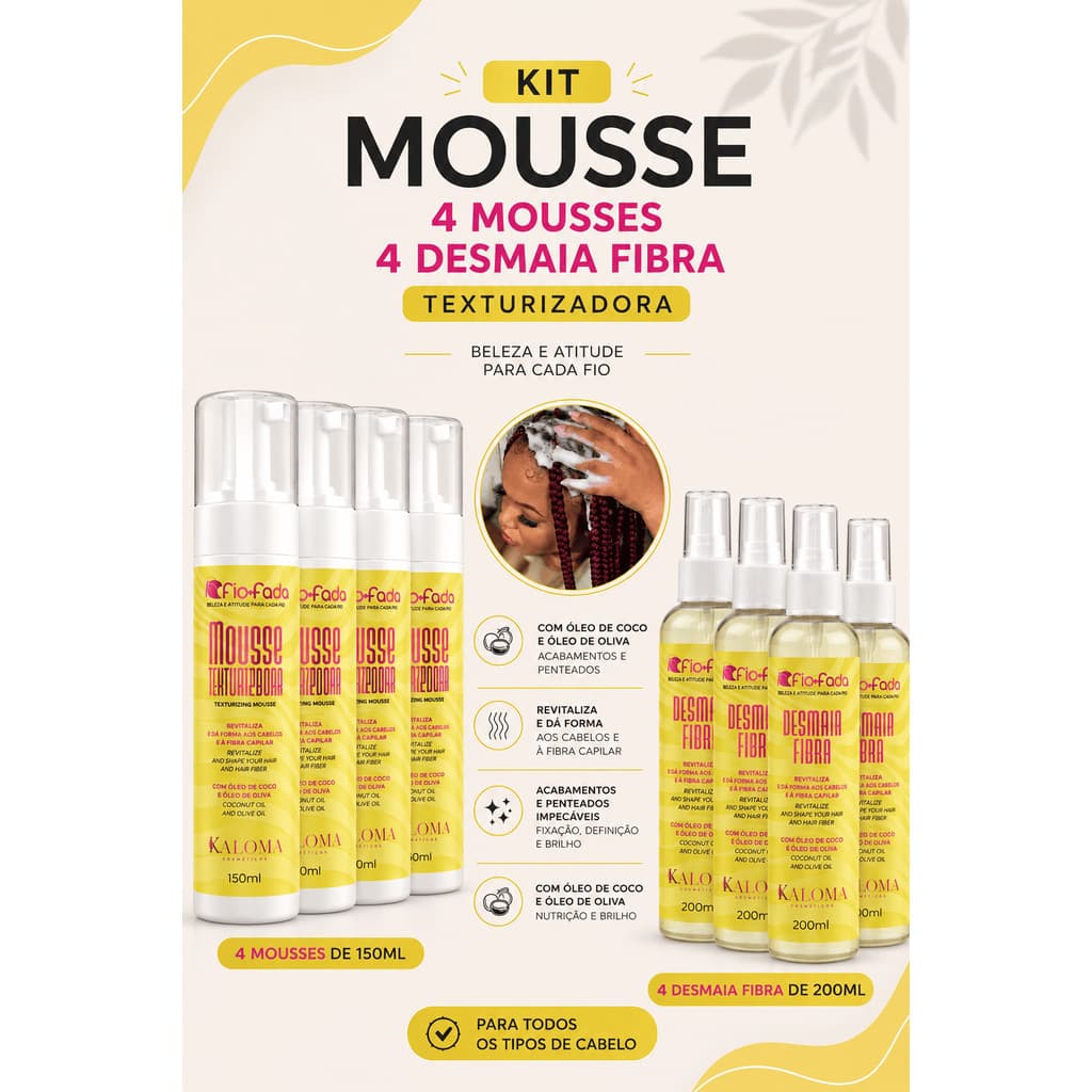 Kit Fio de Fada 4 Mousses Texturizador + 4 Desmaia Fibra Finalização Tranças Anti Frizz