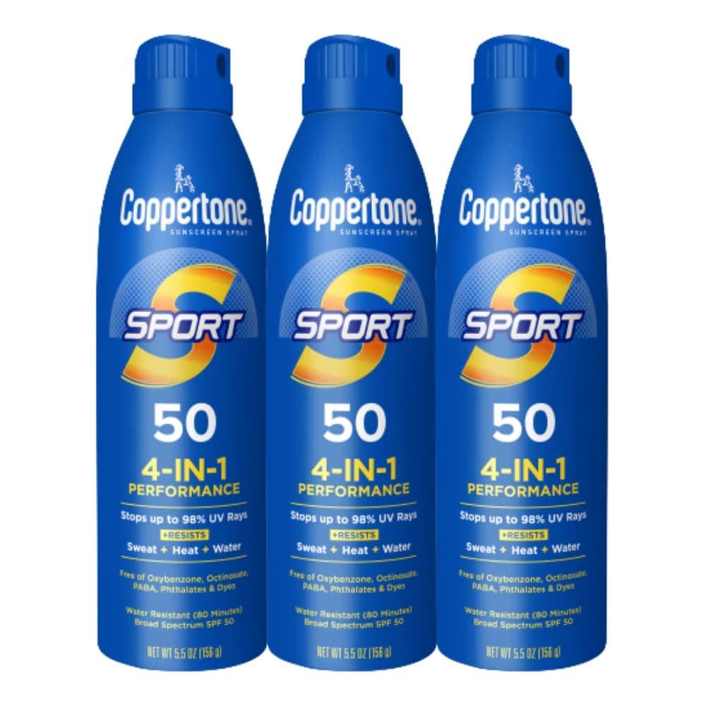 Protetor Solar em Spray Coppertone Sport SPF 50, Resistente ao Suor, Calor e Água, Leve, Sem Oxybenzone, Embalagem a Gra