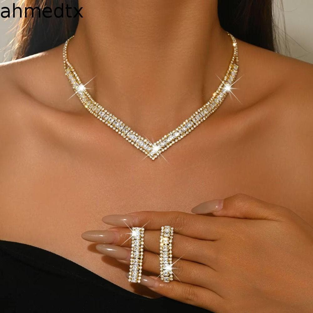 Conjunto De Joias De Cristal AHMEDTXB , Brincos Requintados Brilhantes , Pulseira De Strass Colar De Diamante De Luxo