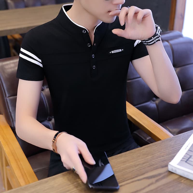 Camiseta masculina de manga curta puro algodão com decote em v Street Wear magro-ajuste verão masculino meia manga camis