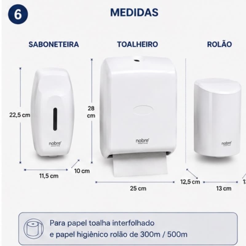 Kit Dispensadores Saboneteira, Toalheiro, Suporte Rolão Cor Branco