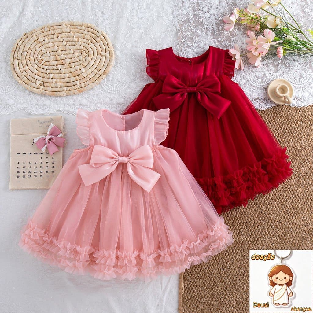 Vestido de Menina Novo Verão Fofo Laço Doce Cor Sólida Moda Festa Estilo Princesa Chiffon Para Viagem Diária Roupas