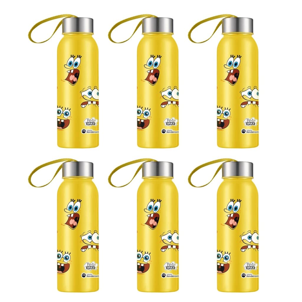 Kit 6 Squeeze Plástico Amarelo Bob Esponja 500ml com Tampa Inox e Alça