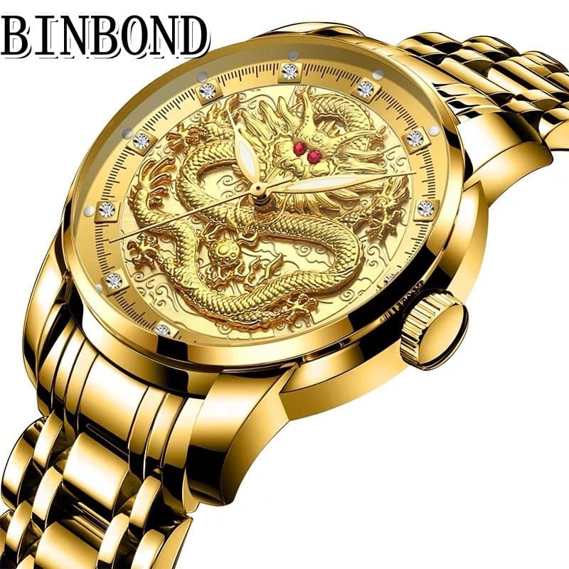 【Local do Brasil】BINBOND 336 Relógio de Luxo com Dragão Dourado em Gravação 3D, Quartzo, Resistente à Água 234