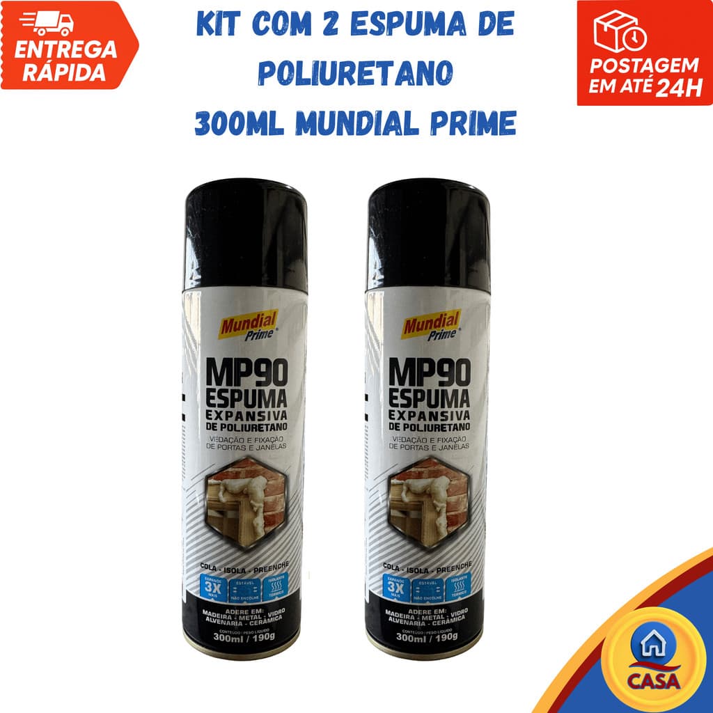 Espuma de Poliuretano Expansiva 300ml 190g Mundial Prime Vedação Forte Fixação Rápida - kit com 2un