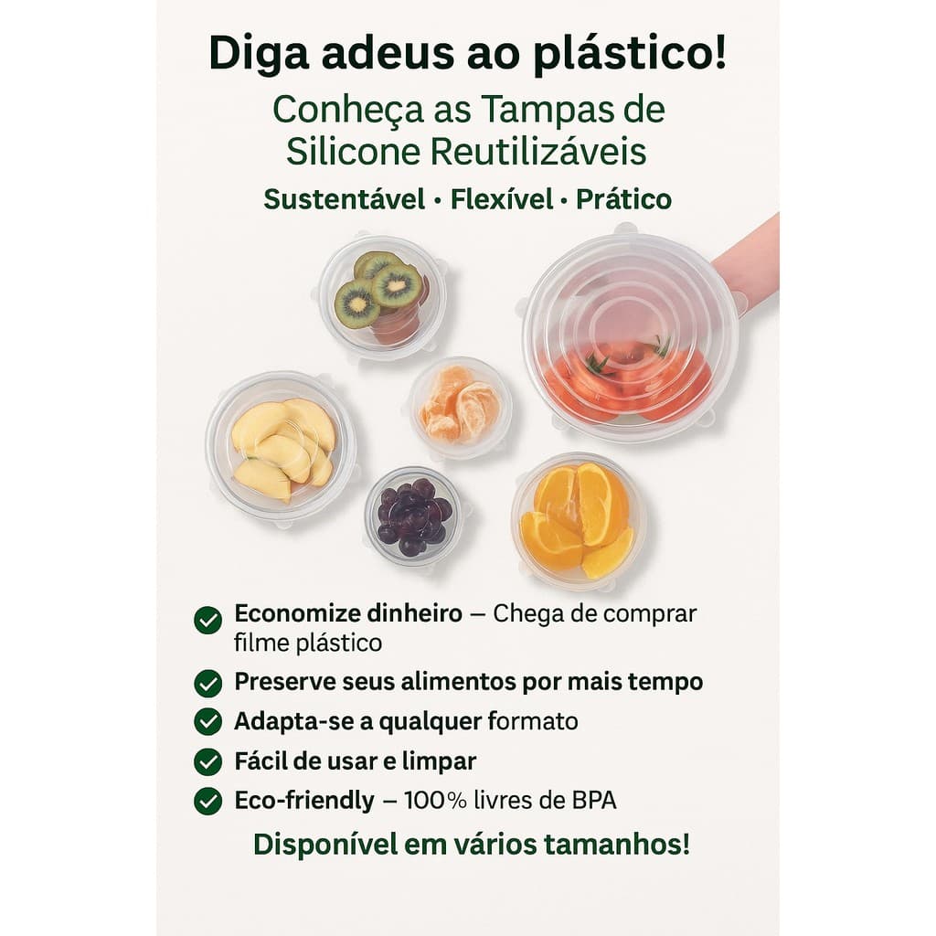 Kit Com Seis Tampas Silicone Reutilizaveis Vedantes Protetoras Potes Alimentos Cozinha