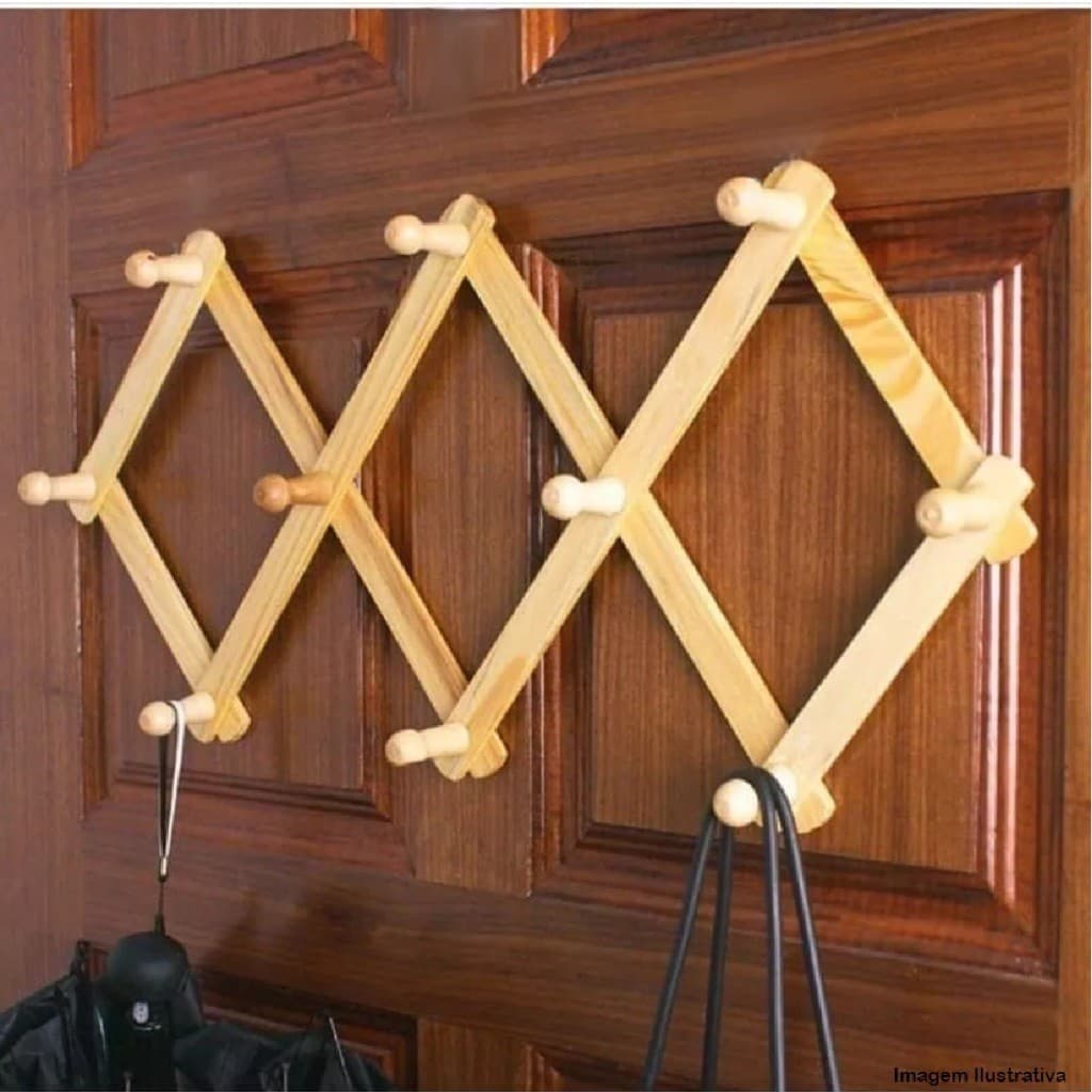 Cabide Cabideiro Madeira Maciça10 Ganchos Para Roupas Sanfonado Retrátil Organizador Casa Escritório 80cm