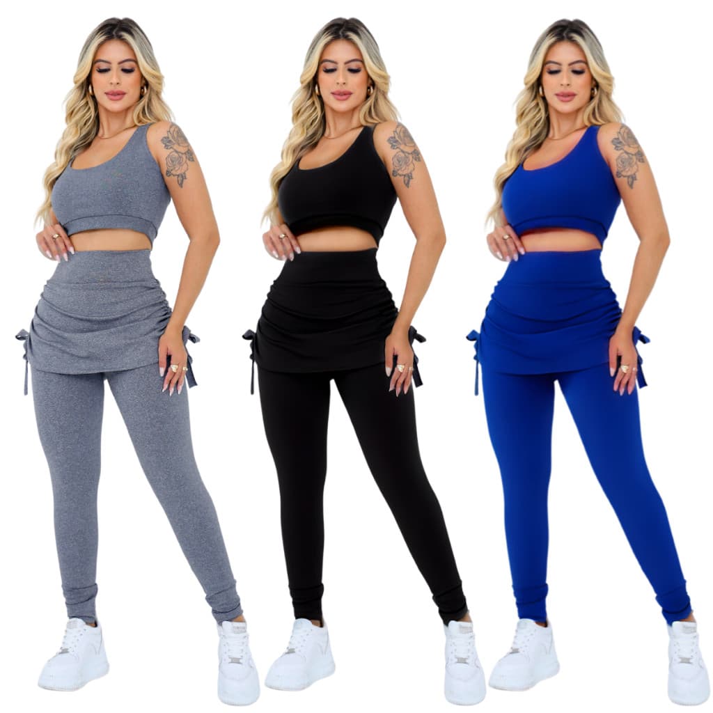 Conjunto Feminino Top + Calça Leg Saia Tapa Bumbum Suplex Academia Musculação Academia Plus Size
