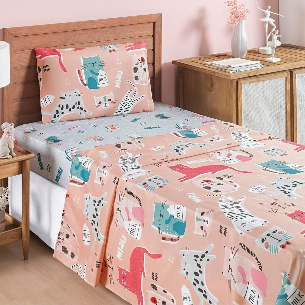 Jogo De Cama Bouti Solteiro 3 Pecas Gatinha Infantil Conforto Macio Estampado Enxoval Cama Quarto Menina Decoracao