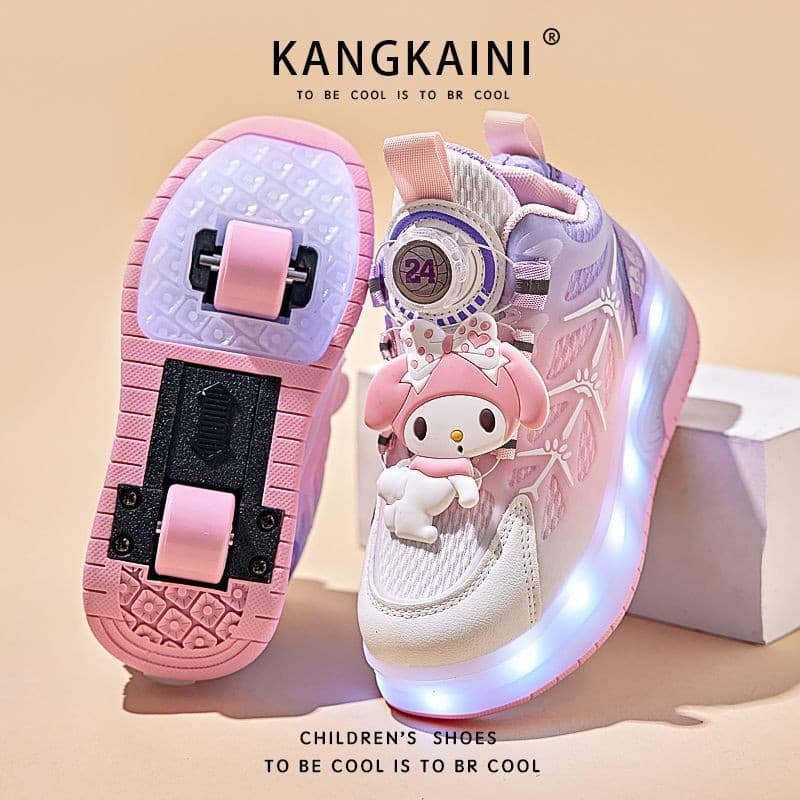 Meninas Kuromi novo estilo 2025 sapatos de fuga crianças luminosas roda dupla sapatos esportivos patins polias retráteis