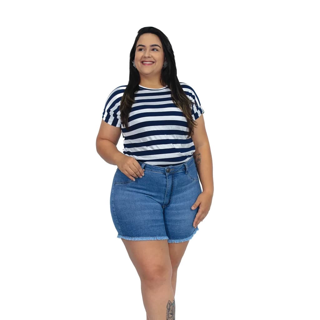 SHORTS JEANS PLUS SIZE BÁSICO LISO BARRA DESFIADA FEMININO