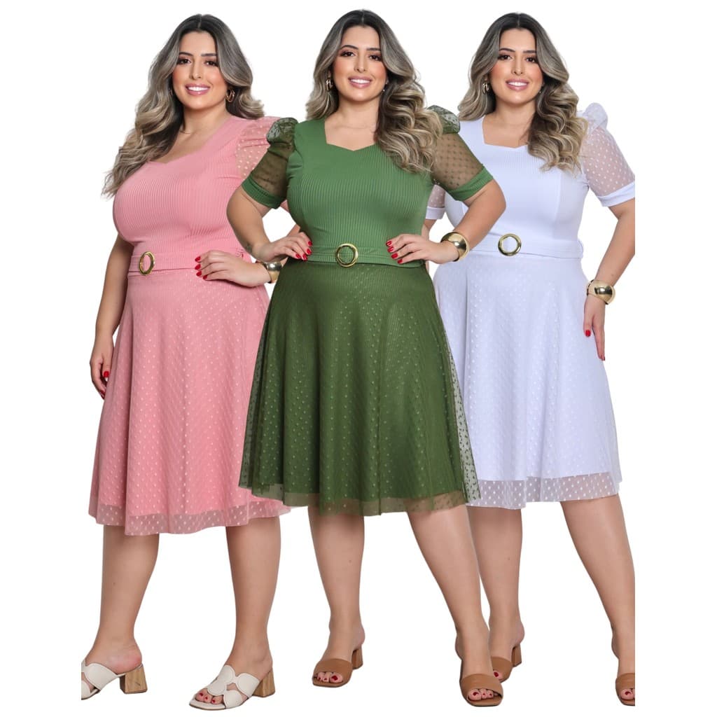 Vestido Tule Poa com Cinto e Forro Canelado Maga Bufante Plus Size Moda Evangélica Modesta Tendencia