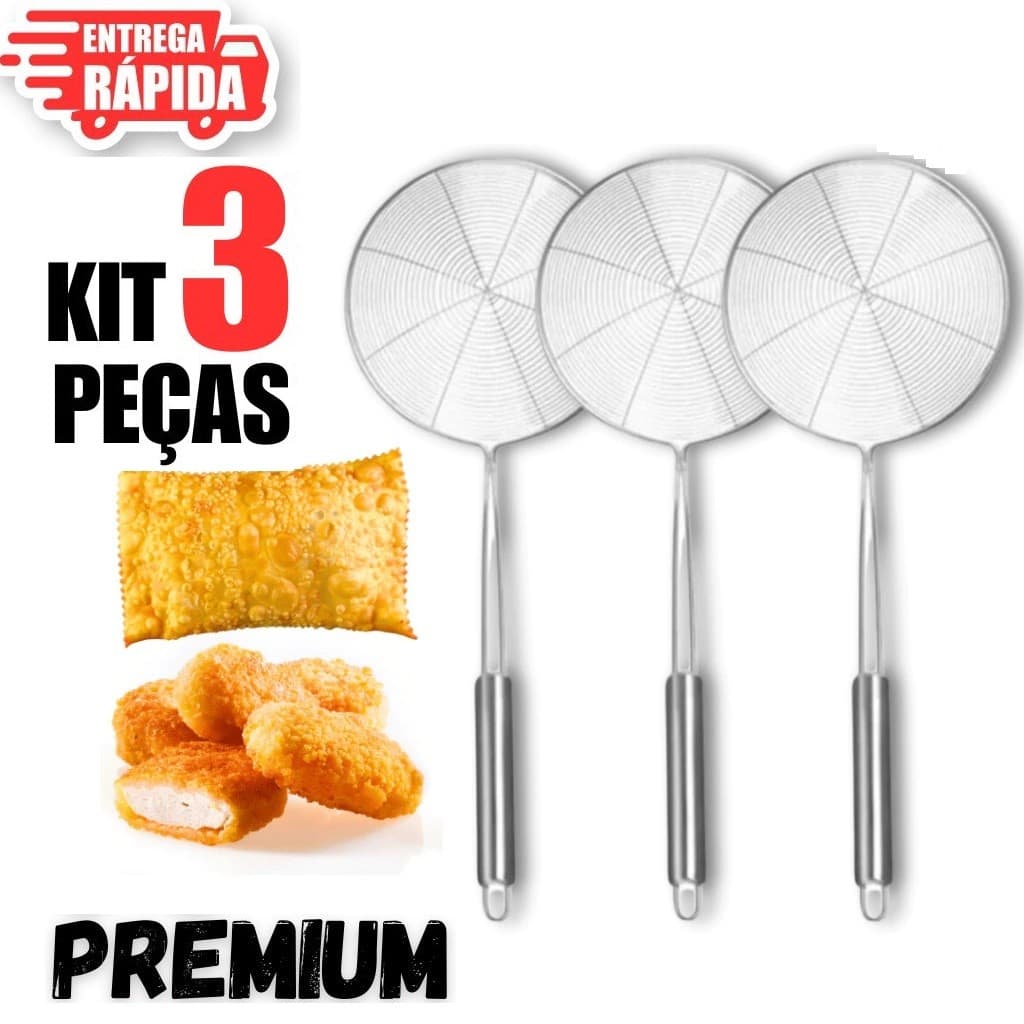 3 Escumadeira de Fritura 13x34cm em Aço Inox Ideal Para Batata, Pastel, Salgado e Cozinha