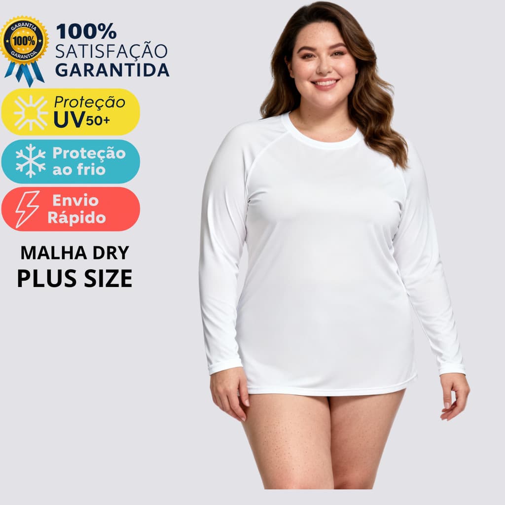 Camiseta Feminina Plus Size Manga Longa Proteção UV 50+ Térmica Segunda PeleAlta Elasticidade