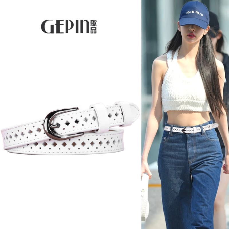 Cinto feminino branco sem perfuração, decoração oca com Jeans, couro genuíno, nicho de alta qualidade, cinto fino femini