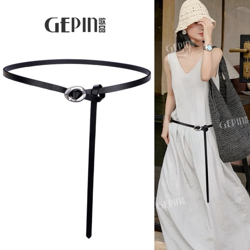 Fivela de prata couro preto atado cinto fino vestido decorativo feminino Retro All-Match acessórios de cinto de verão