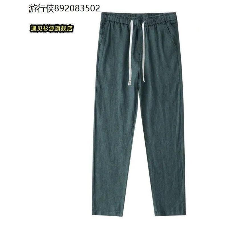 Calças verdes escuras de linho puro estilo chinês cor sólida simples leve respirável refrescante transpiração calças uni