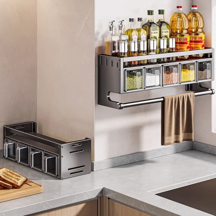Rack de tempero de cozinha sem perfuração fixado na parede multifuncional caixa de armazenamento de tempero doméstico ól