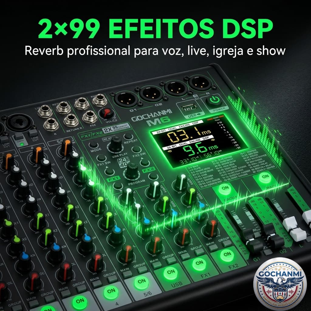 Mesa Mixer M6 6 Canais USB Bluetooth para Karaokê Igreja e Show