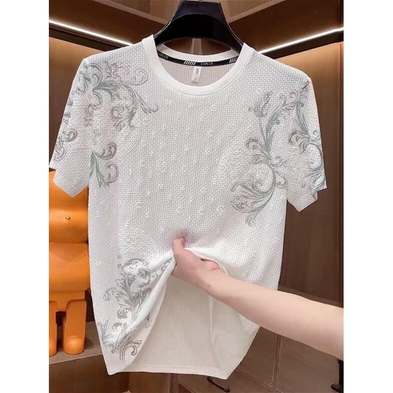Verão novo estilo de seda gelo impresso camiseta de manga curta masculina Casual na moda respirável fino metade @-