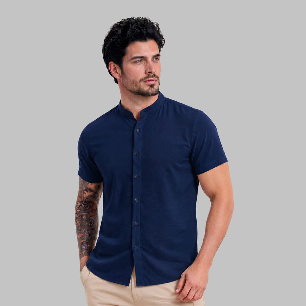 Camisa Gola Padre Social Masculina Manga Curta Blusa Flâme Aspecto de Linho