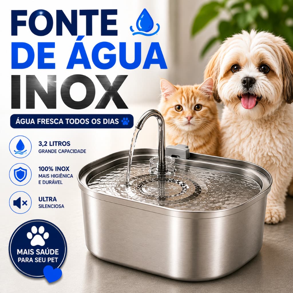 Fonte de Água para Gatos 100% Inox Bebedouro Gato Silencioso 3,2L Bivolt Água Corrente para Pets