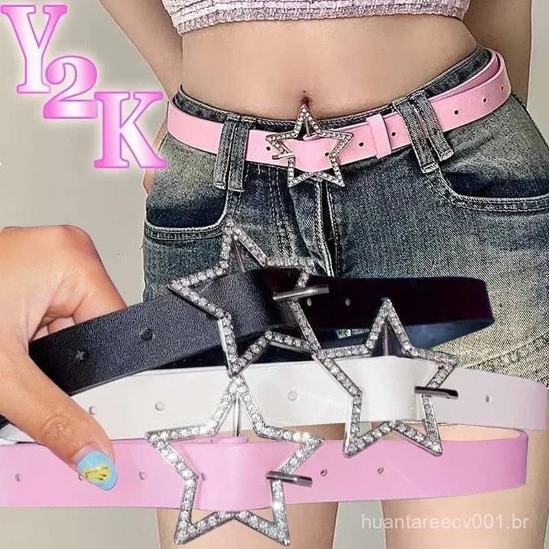 Cinto de Estilo dos Anos 2000 com Fivela Estrela, Cinto de Couro Rosa Retro Brilhante com Strass, Acessório Decorativo F